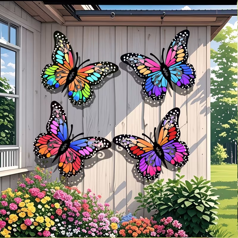 Home Decor Outside - 4pcs Colorful metal butterfly statue wall